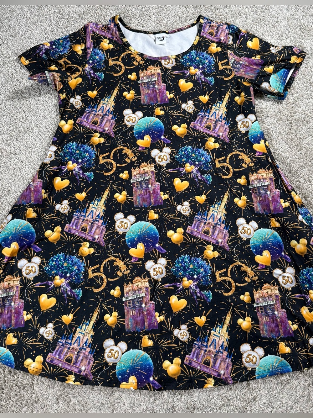 Walt Disney World 50th Anniversary Dress Womens Large Black AOP Stretch Pockets
